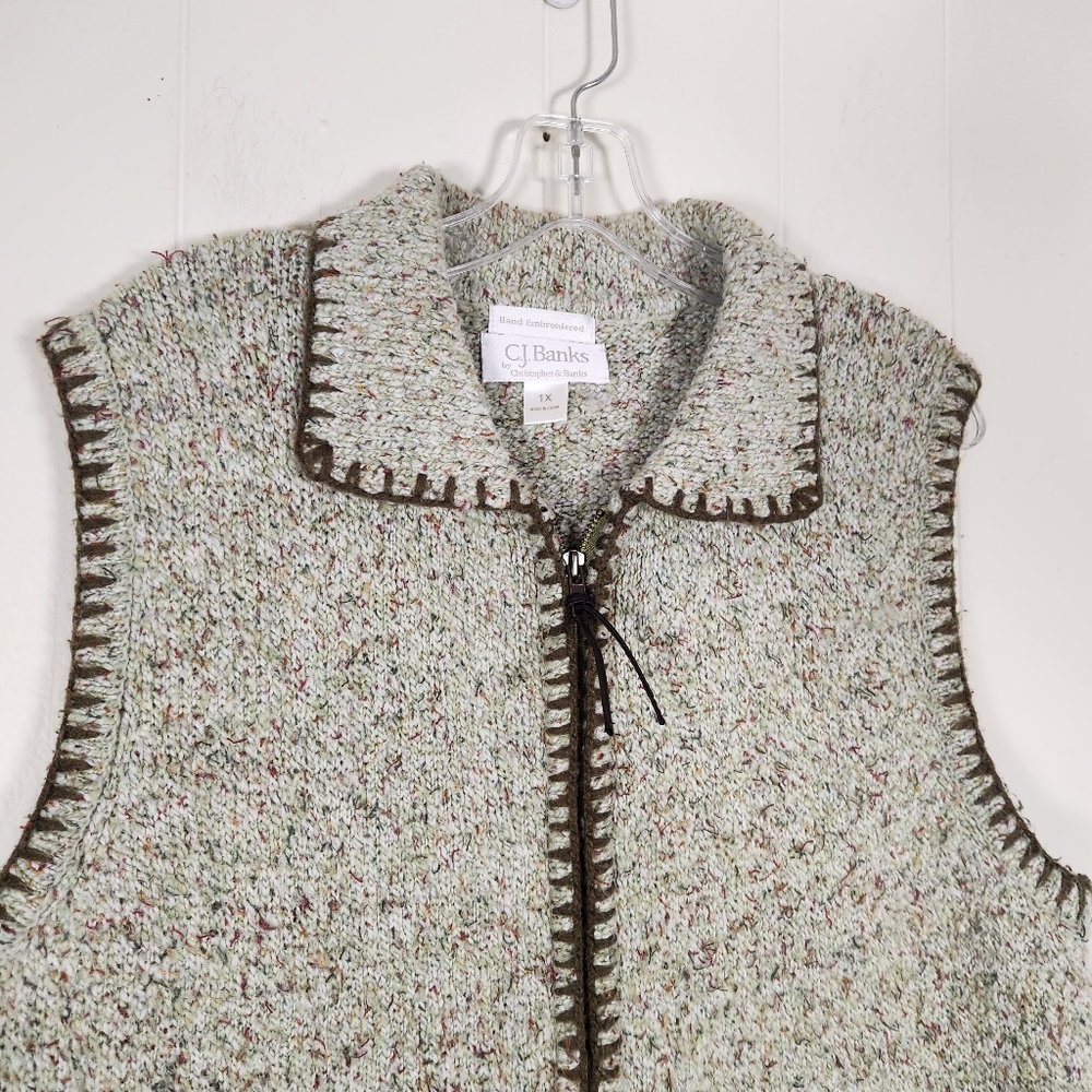 Vtg Christopher & Banks Hand Embroidered Oatmeal Zipper Sweater Vest Size 1x - Picture 6 of 16